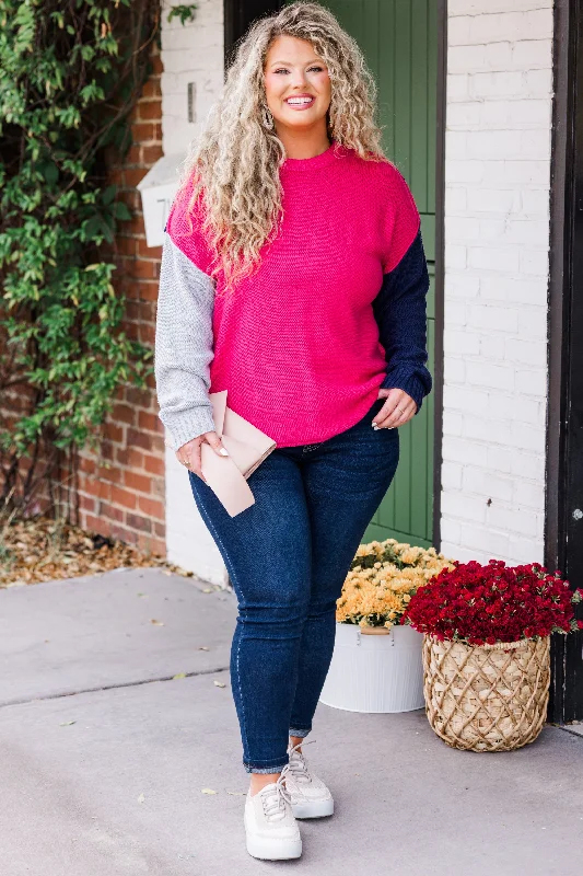 Snowy Owl Sweater, Fuchsia-Navy