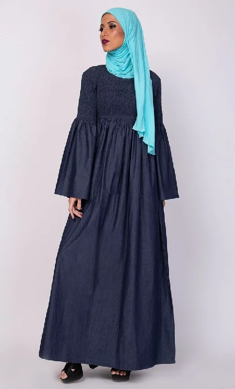 Smocking Bodice And Bell Sleeves Abaya Dress