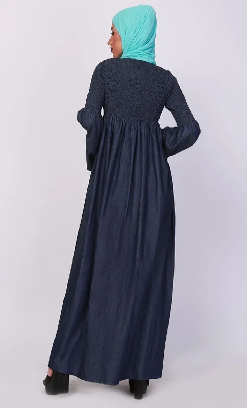 Smocking Bodice And Bell Sleeves Abaya Dress