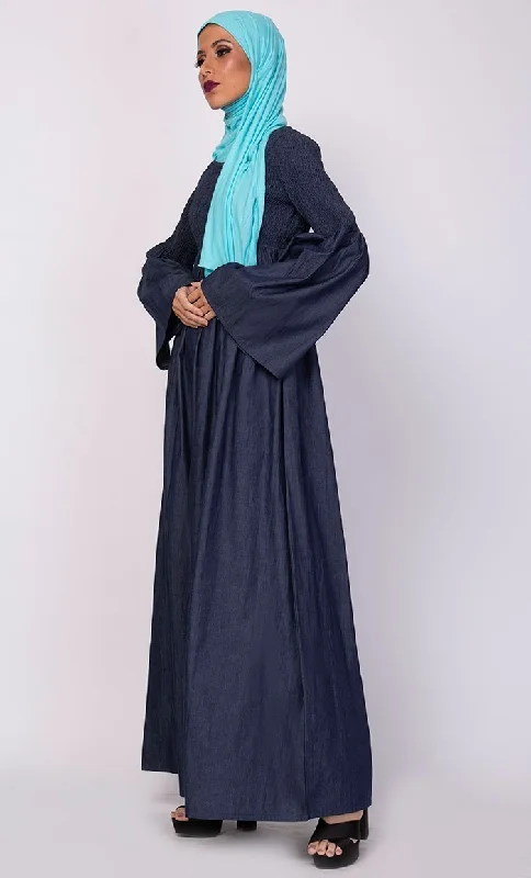 Smocking Bodice And Bell Sleeves Abaya Dress