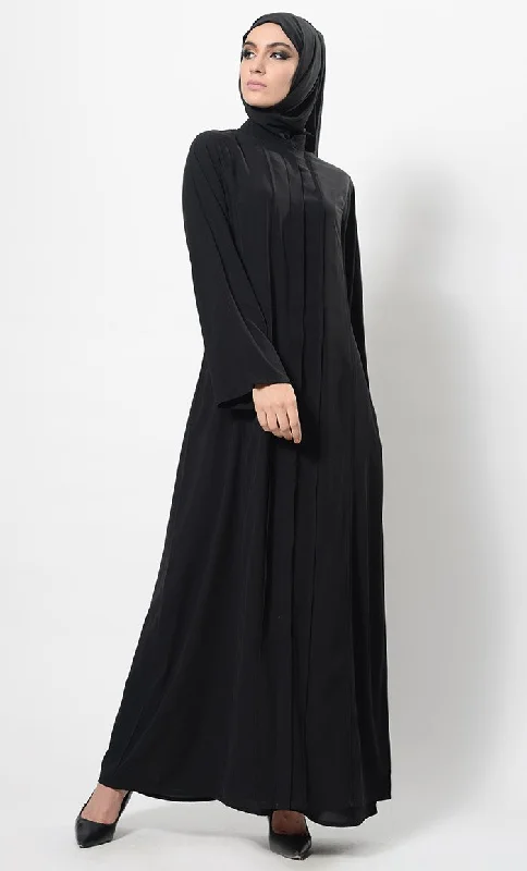 Pleated Panels Flared Asymmetrical Abaya Dress And Hijab Set