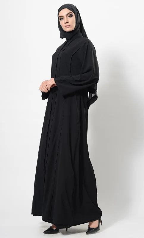 Pleated Panels Flared Asymmetrical Abaya Dress And Hijab Set