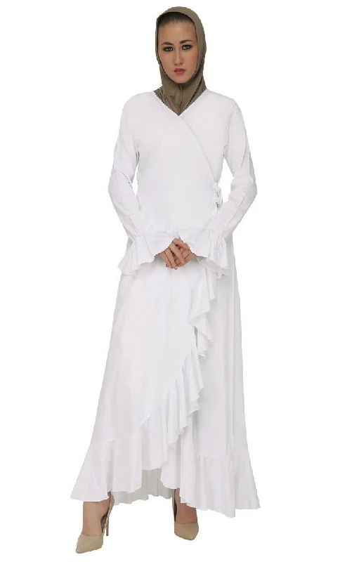 Modest Wear Wrap Around Ruffled Dress-White