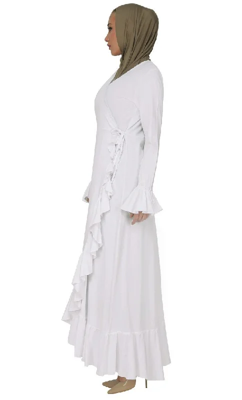 Modest Wear Wrap Around Ruffled Dress-White