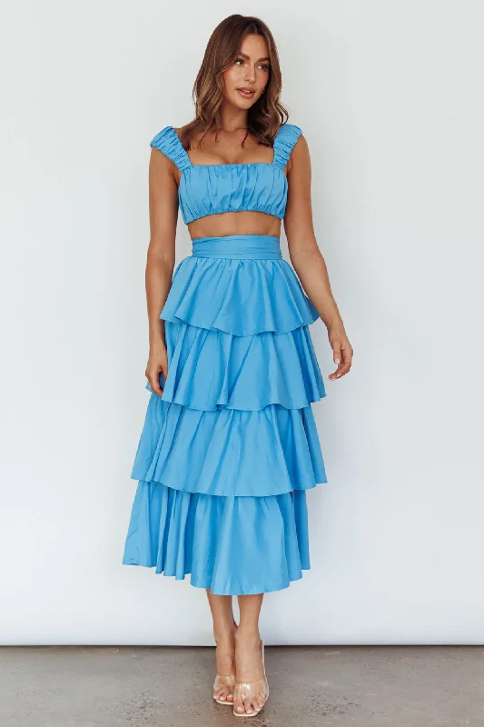 Suenito Tiered Frill Maxi Skirt Blue