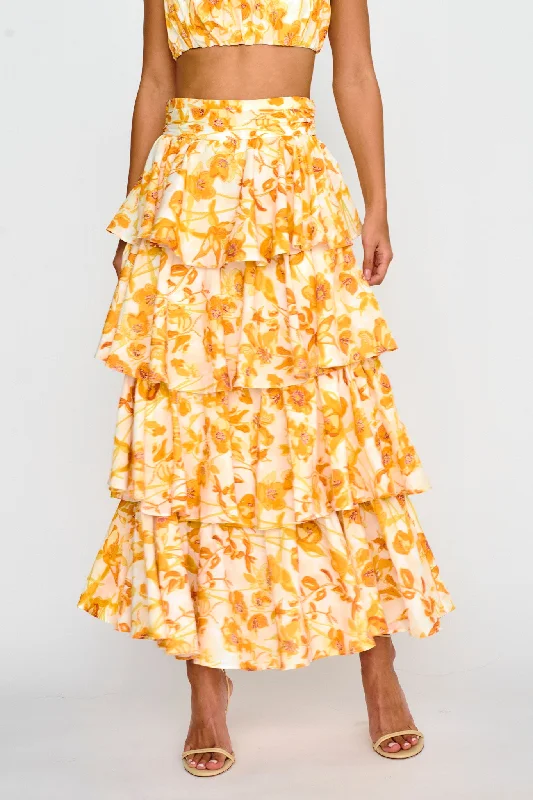 Suenito Tiered Frill Maxi Skirt Floral Orange