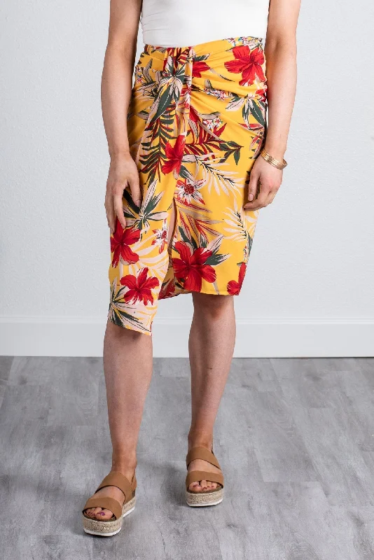 Tropical print wrap skirt yellow