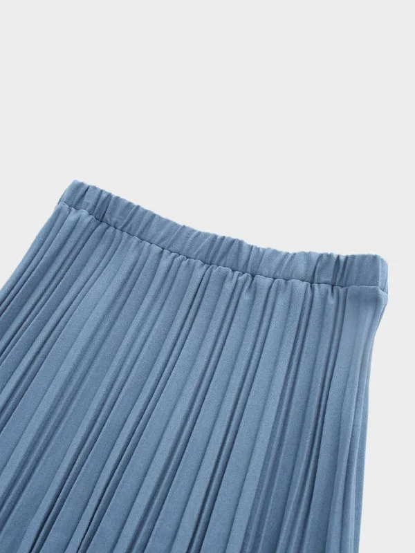 Wool Pleated Skirt-Denim Blue