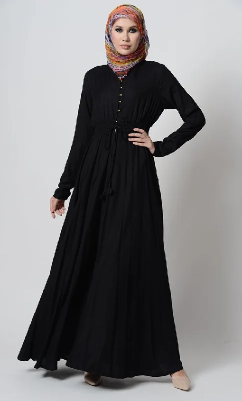 Smocking waistline and loop buttons detail casual abaya dress