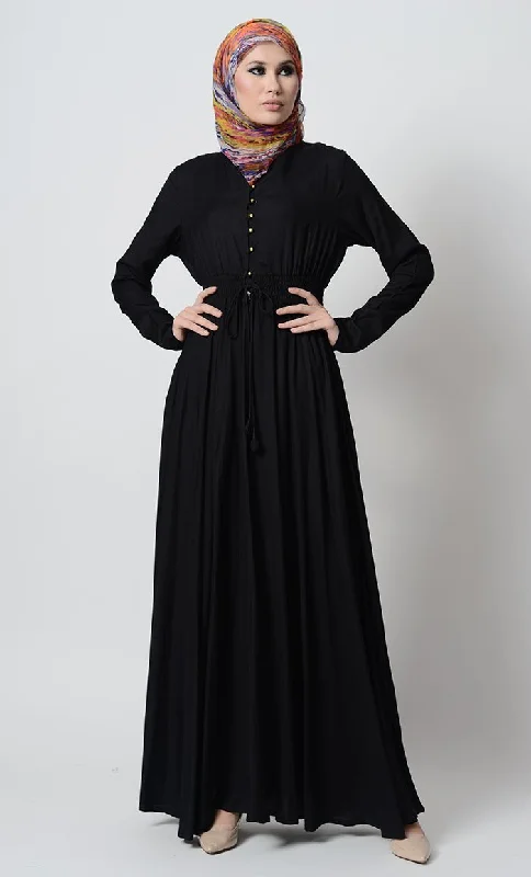 Smocking waistline and loop buttons detail casual abaya dress