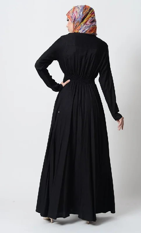 Smocking waistline and loop buttons detail casual abaya dress