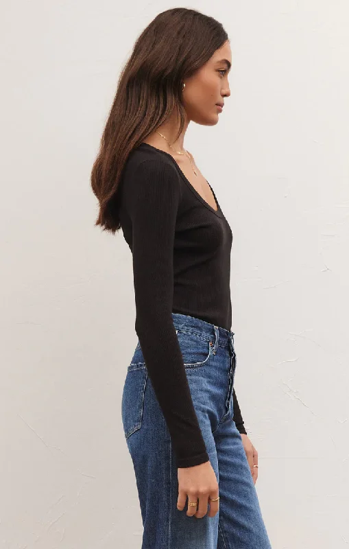 Lilah Long Sleeve Rib Bodysuit Black