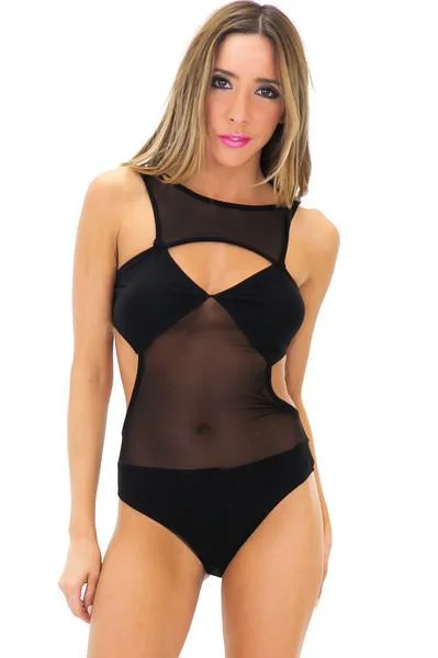 MARS MESH CUTOUT BODYSUIT - Black