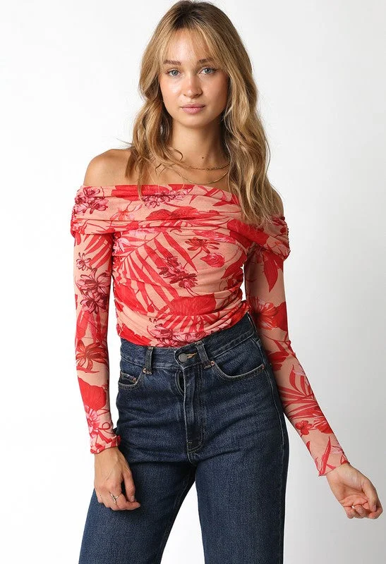 Sawyer Long Sleeve Off The Shoulder Floral Print Bodysuit Red