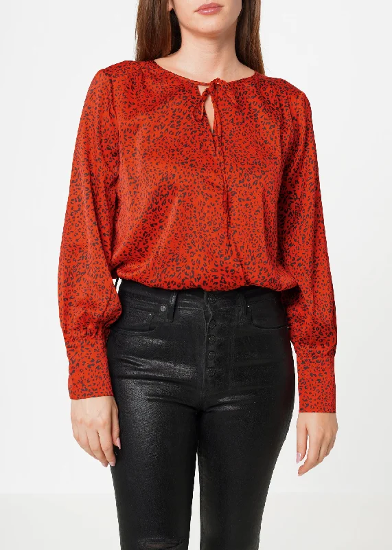 Women's Tie-neck Long Sleeve Bodysuit in Red Leopard