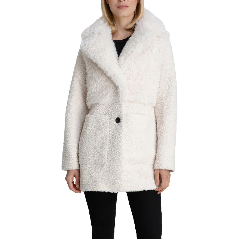 BCBGeneration Women's Fuzzy Faux Fur Mid-Length Coat with Notch Lapel