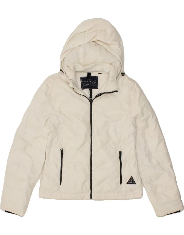 JACK WILLS Womens Hooded Padded Jacket UK 12 Medium  Off White Polyamide