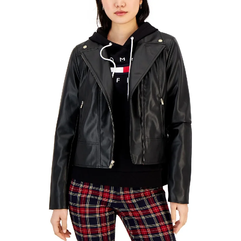 Tommy Hilfiger Womens Faux Leather Cold Weather Motorcycle Jacket