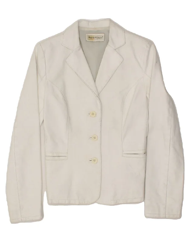 VINTAGE Womens 3 Button Leather Blazer Jacket UK 8 Small White Leather