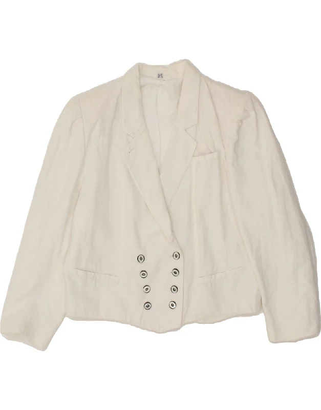 VINTAGE Womens Double Breasted Blazer Jacket UK 14 Large  White Cotton