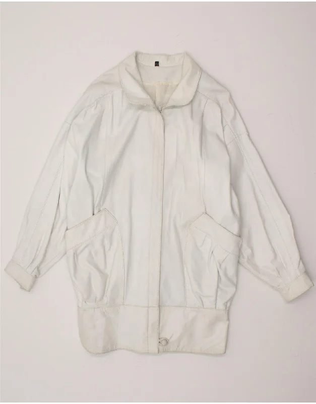 VINTAGE Womens Oversized Leather Coat UK 10 Small White Leather