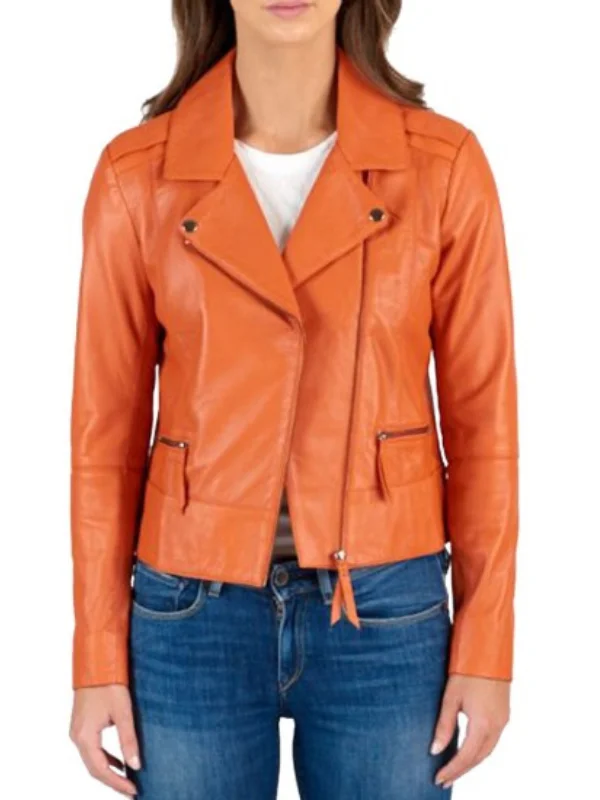 Women's Asymmetrical Motorcycle Orange Leather Biker Jacket