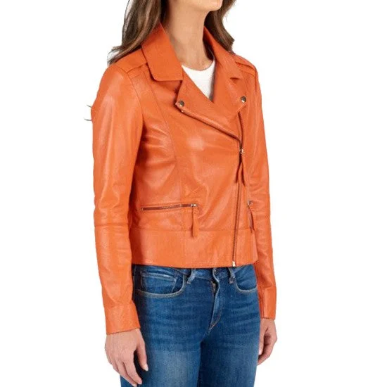 Women's Asymmetrical Motorcycle Orange Leather Biker Jacket