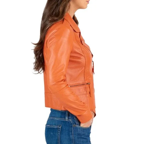 Women's Asymmetrical Motorcycle Orange Leather Biker Jacket