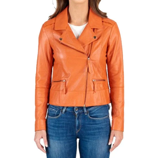 Women's Asymmetrical Motorcycle Orange Leather Biker Jacket