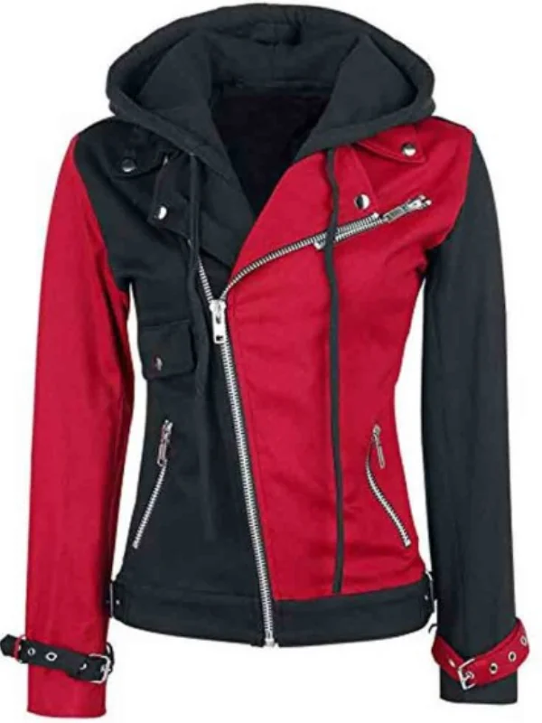 Women's Biker Black and Red Hooded Jacket