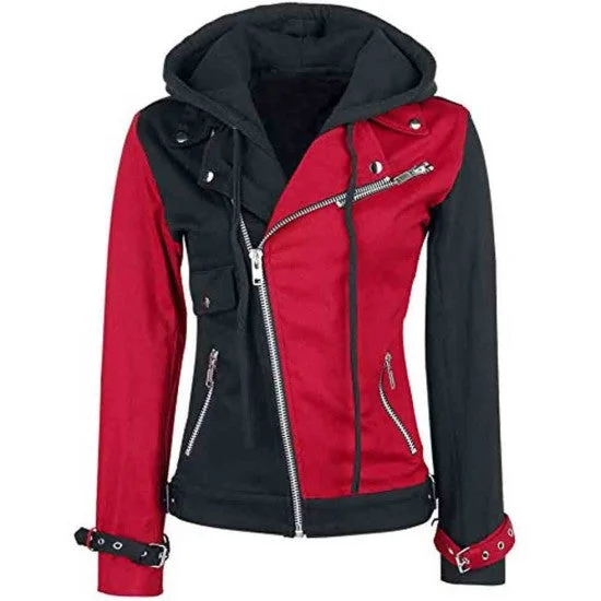 Women's Biker Black and Red Hooded Jacket