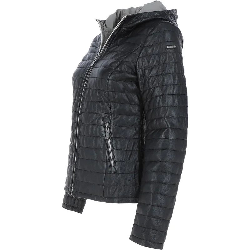 Women's Black Quilted Hooded Real Leather Jacket