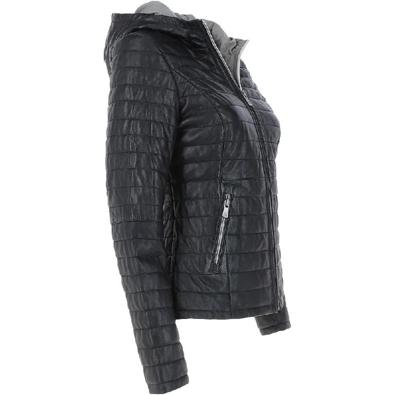 Women's Black Quilted Hooded Real Leather Jacket