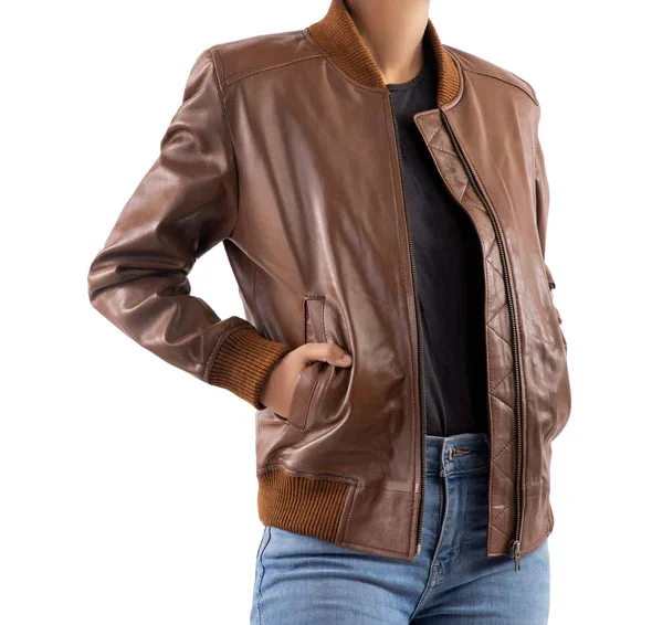 Women's Bomber Brown Real Leather Jacket