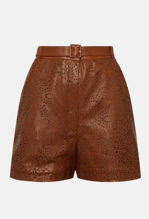 Women's Brown Light Pattern High Waist Leather Shorts