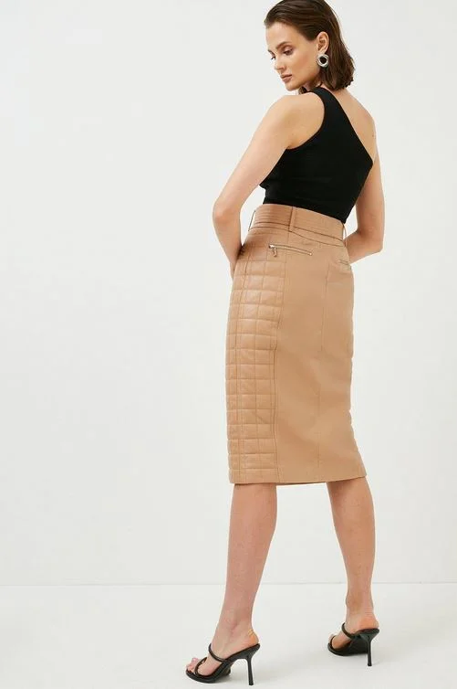 Women's Brown Quilted Leather Belted Midi Skirt With Zipper