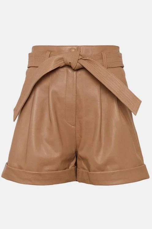 Women's High Waist Brown Leather Belted Shorts