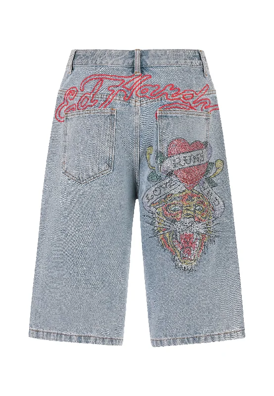 Womens Love Runs Wild Diamante Denim Jorts Shorts  - Bleach