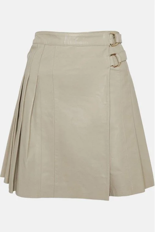 Women's Off White Buckle Leather Kilt Skirt