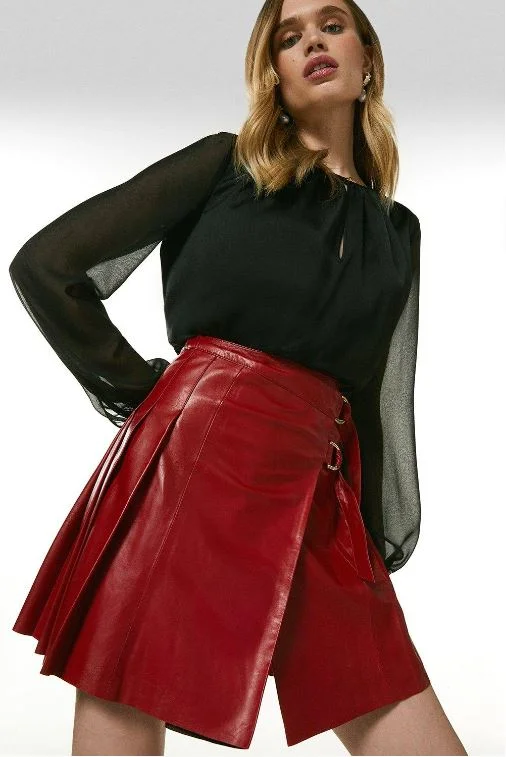 Women's Red Leather Buckle Kilt Skirt