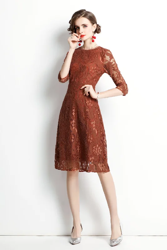 Brown Cocktail & Party A-line Crewneck Elbow Sleeve Knee Lace Dress Tunics Velvet soft Brown Cocktail & Party A-line Crewneck Elbow Sleeve Knee Lace Dress Tunics Velvet soft