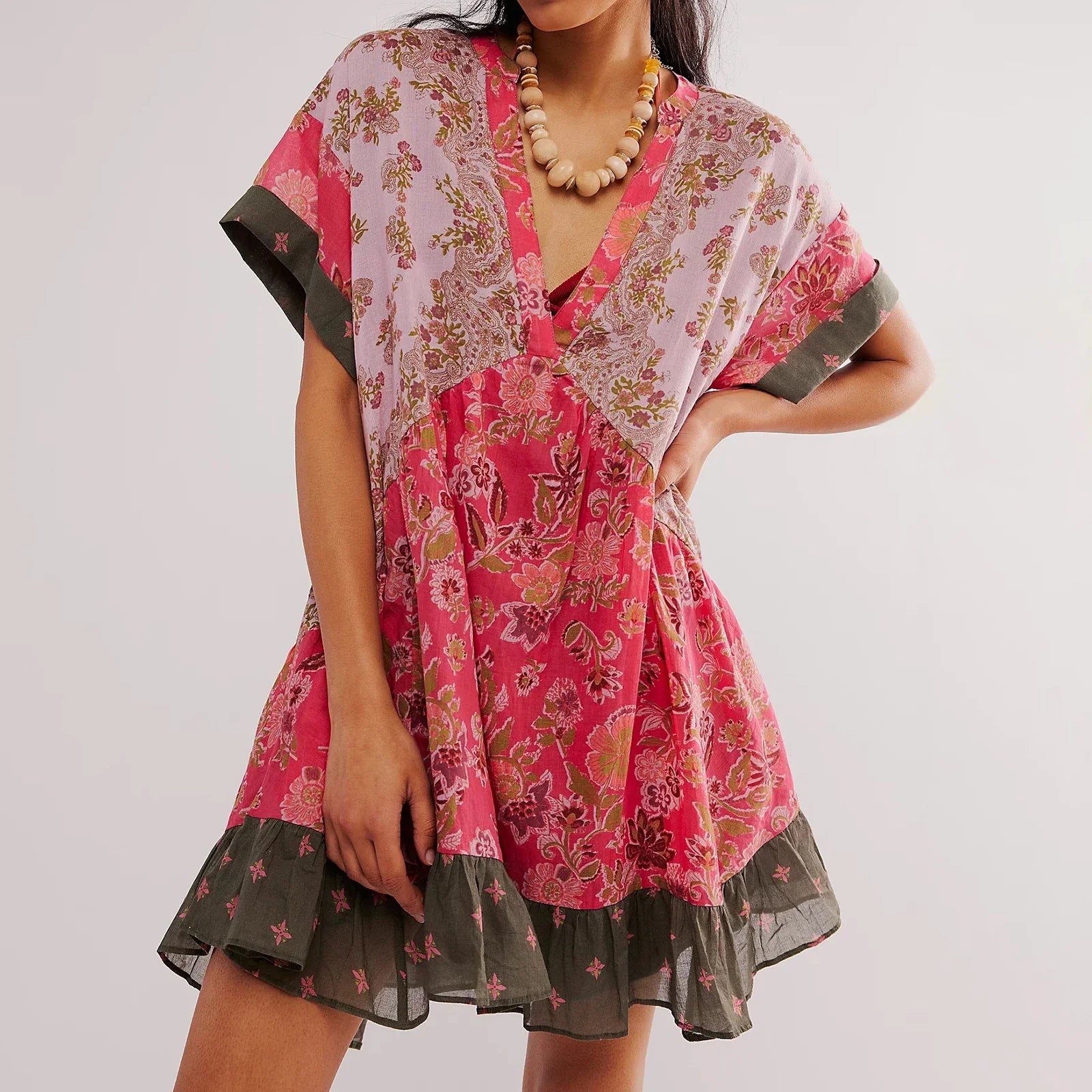 V-Neck Puff Sleeve Mini Women's 2024 Summer Causal Beach Boho Dress Stylish Short-Sleeve Mini Dress