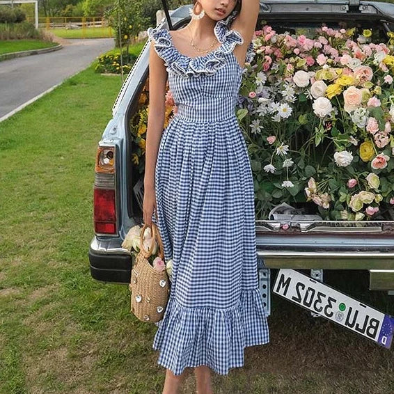 FashionSierra-Butterfly Sleeve Blue Plaid For Women Vintage Cotton Rayon Summer Long Party Ladies Vestidos 2024 Boho Dress Tunics Corduroy durable FashionSierra-Butterfly Sleeve Blue Plaid For Women Vintage Cotton Rayon Summer Long Party Ladies Vestidos 2024 Boho Dress Tunics Corduroy durable