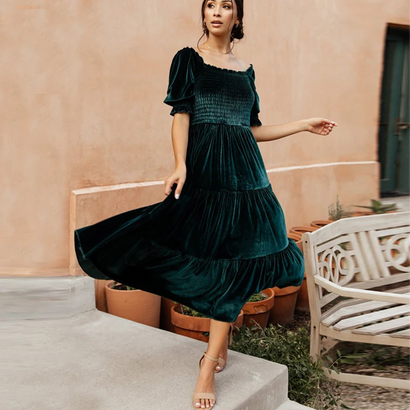 FashionSierra-Elegant Party Velvet Long Women Casual Square Collar Solid Shirred Bust Puff Sleeve Ladies Vestidos Boho Dress Tunics Fleece cozy FashionSierra-Elegant Party Velvet Long Women Casual Square Collar Solid Shirred Bust Puff Sleeve Ladies Vestidos Boho Dress Tunics Fleece cozy
