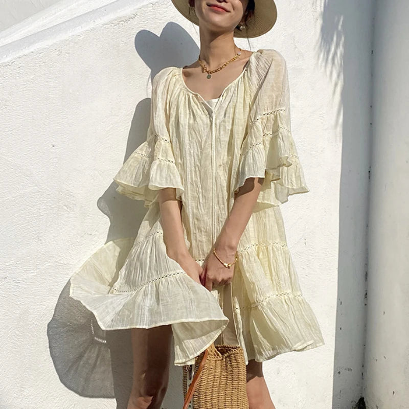 FashionSierra-Ruffles A-line Loose Short Tassel Vintage Soild Summer Party Boho Dress Tunics Canvas sturdy FashionSierra-Ruffles A-line Loose Short Tassel Vintage Soild Summer Party Boho Dress Tunics Canvas sturdy