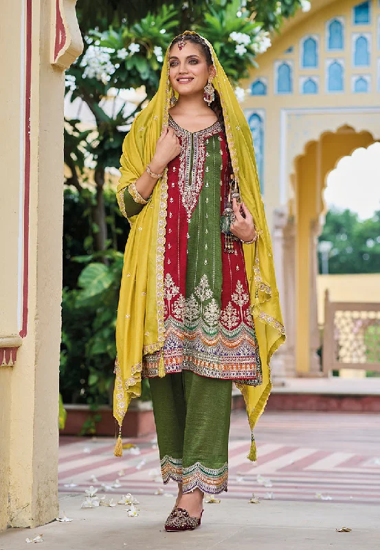 Women's Mehendi Colour Embroidered Premium Silk Partywear Dress - Monjolika Crew Neckline Casual Women's Mehendi Colour Embroidered Premium Silk Partywear Dress - Monjolika Crew Neckline Casual