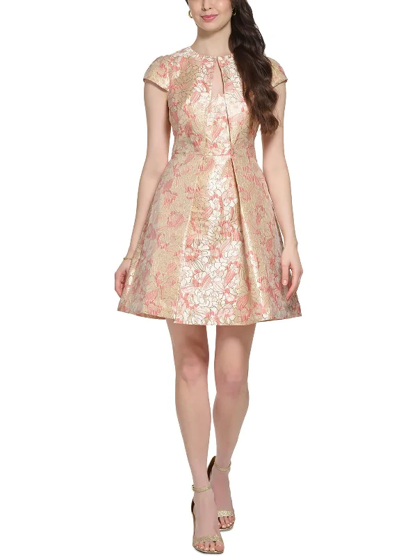 Petites Womens Jacquard Mini Fit & Flare Dress Trendy Crossover Mini Dress