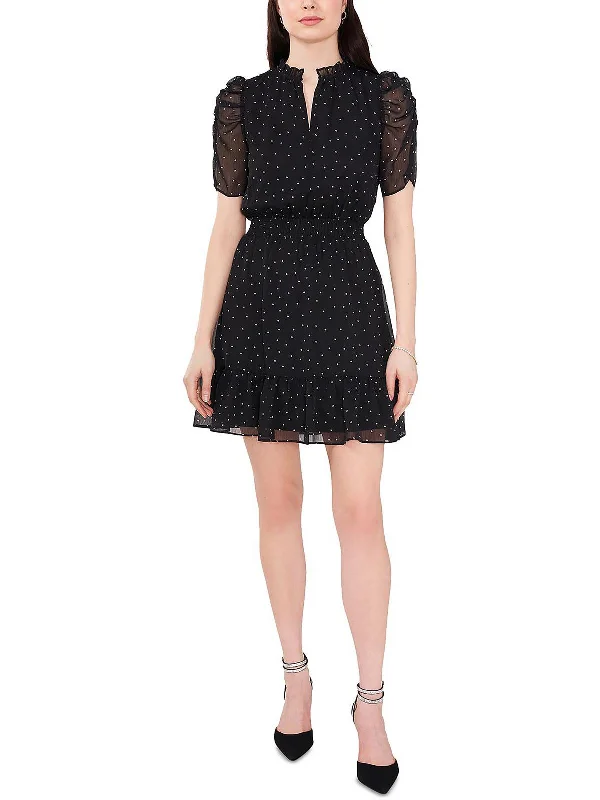 Petites Womens Split Neck Mini Fit & Flare Dress Cozy Wraparound Mini Dress