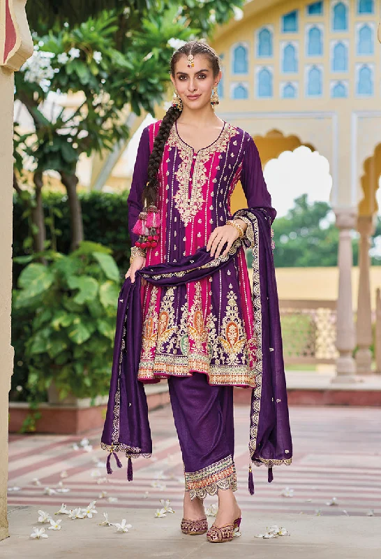 Women's Violet Colour Embroidered Premium Silk Partywear Dress - Monjolika Crew Neckline Sporty Women's Violet Colour Embroidered Premium Silk Partywear Dress - Monjolika Crew Neckline Sporty