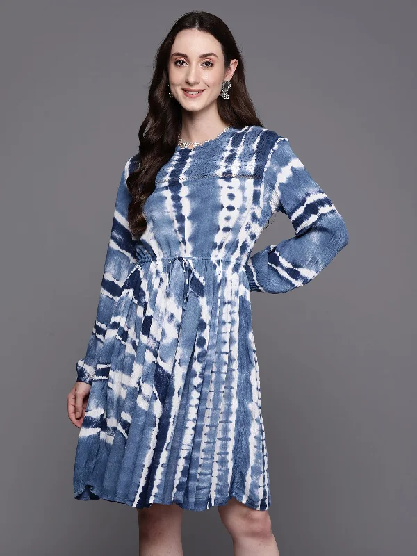 Women's Blue Tie & Dye Printed Smart Casual Partywear Dress - Indo Era Tunics Top Casual Women's Blue Tie & Dye Printed Smart Casual Partywear Dress - Indo Era Tunics Top Casual